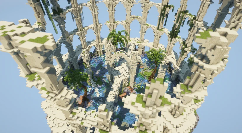 Minecraft-Architektur mit hellen Bögen und Wasser