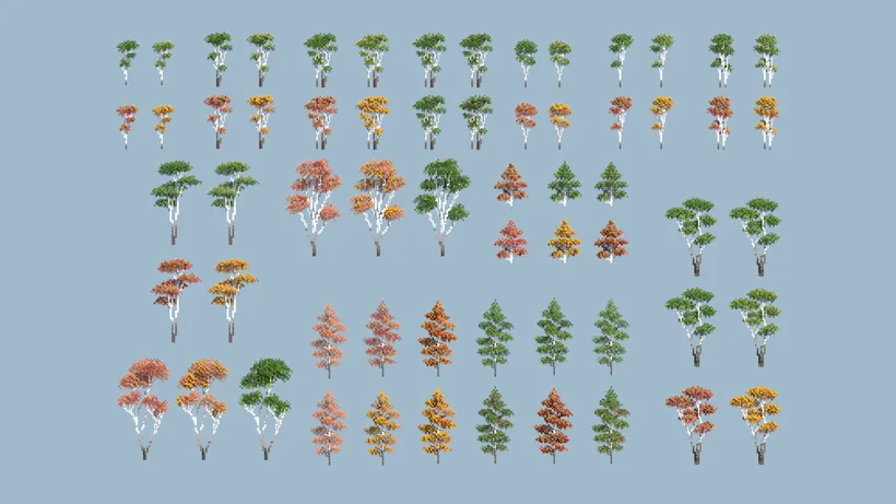 Baum-Presets in verschiedenen Größen und Jahreszeiten